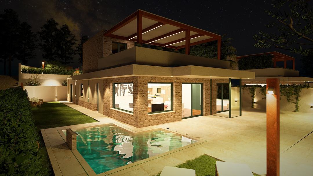 Villa GB at night: stone façade, corten pergola on the roof terrace and lit pool