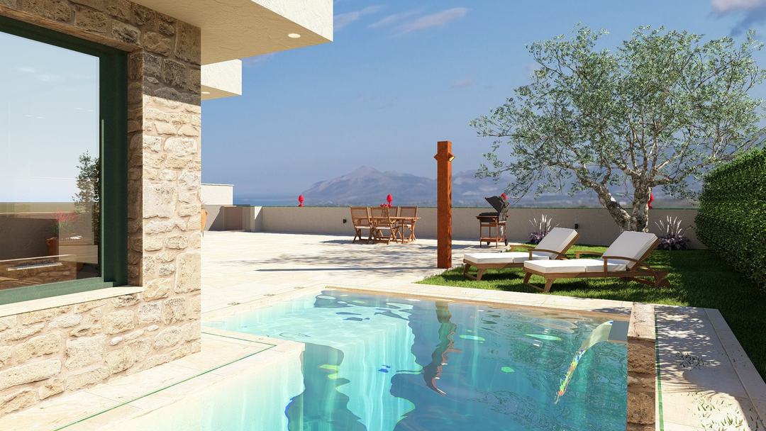 Designer pool with local stone edge reflecting the sky
