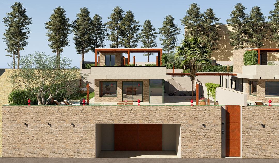 Villa GB entrance front settled into the hillside, seen from the internal road