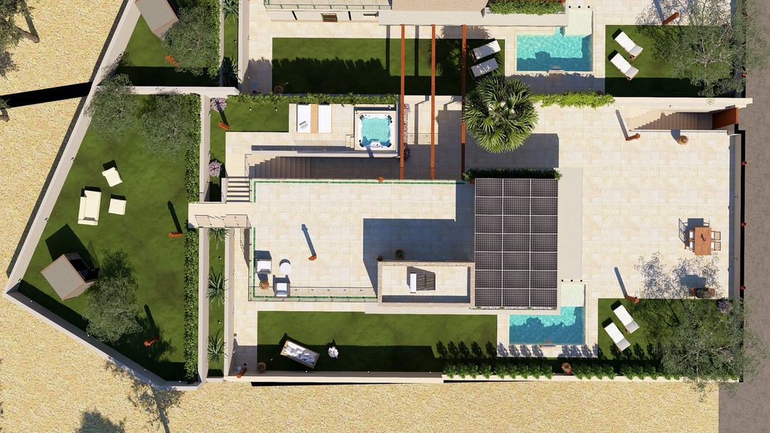 Villa GB seen from above: garden, pool and roof terrace–solarium with jacuzzi and sauna