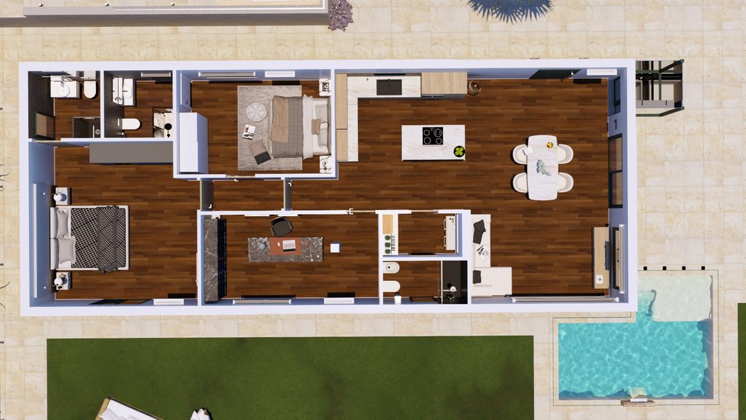 Furnished ground-floor plan of Villa GB seen from above, with pool alongside the living room