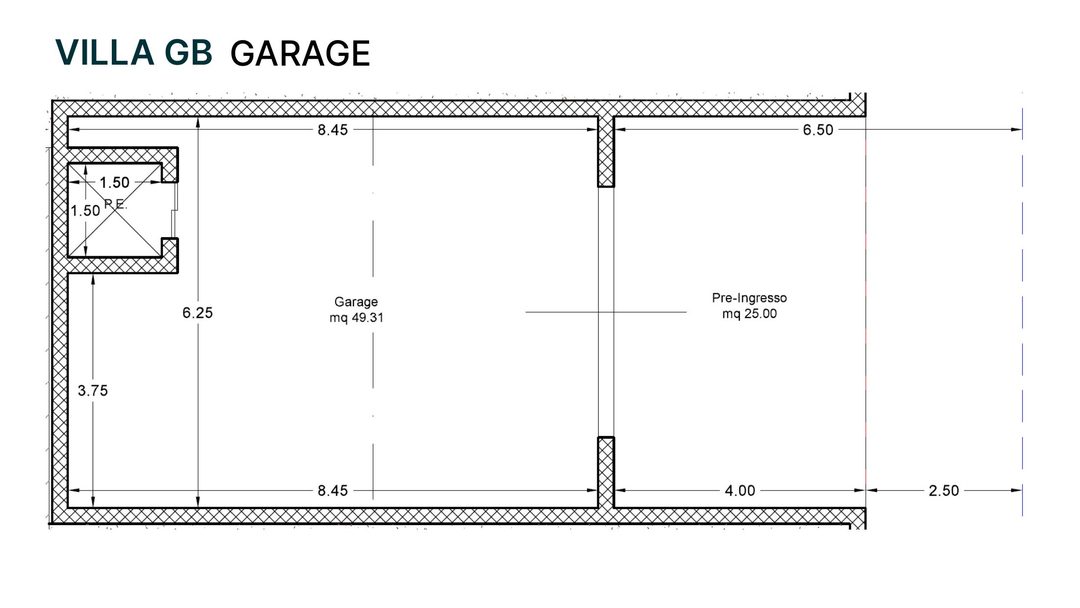 Technical drawing of Villa GB garage level plan with lift