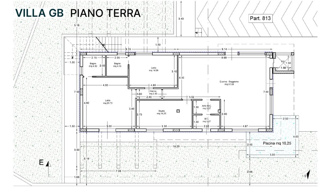 Technical drawing of Villa GB ground floor plan, parcel 813