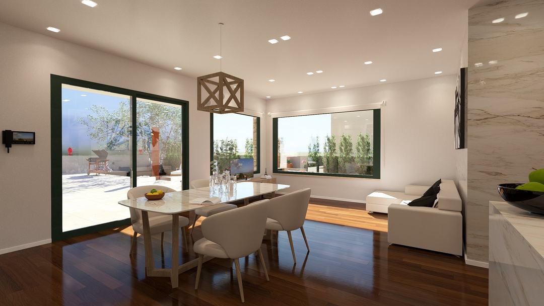 Villa GB dining area and living room with natural light from two glazed fronts