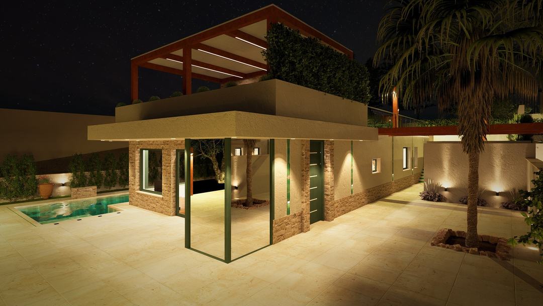 Villa GB front at night with architectural lighting and glowing pool
