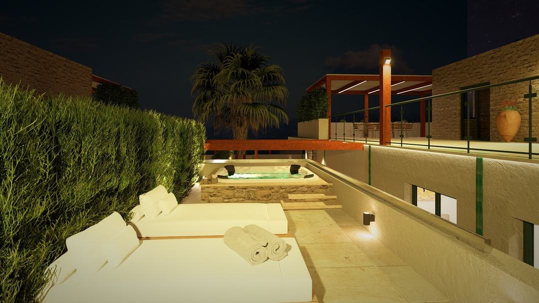 Villa GB jacuzzi and terrace lit at night