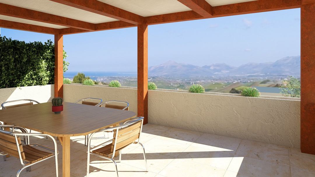 Dining area beneath the corten pergola on Villa GB's terrace