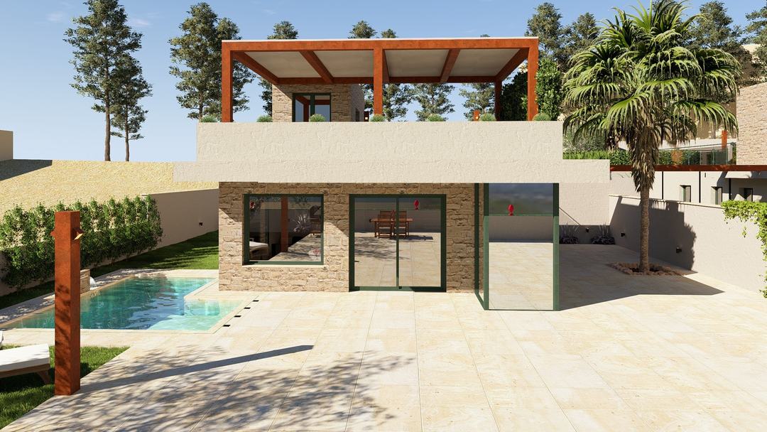 Villa GB pool and main elevation in daylight
