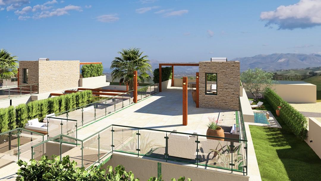 Villa GB roof terrace–solarium with corten pergola and jacuzzi area
