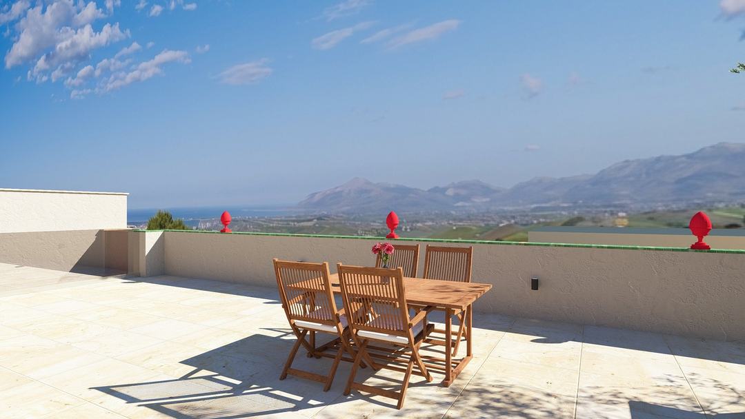 Outdoor dining table on Villa GB's roof terrace with panoramic view