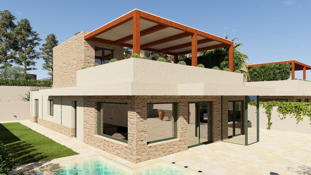 Composition of Villa GB volumes seen from the garden lawn