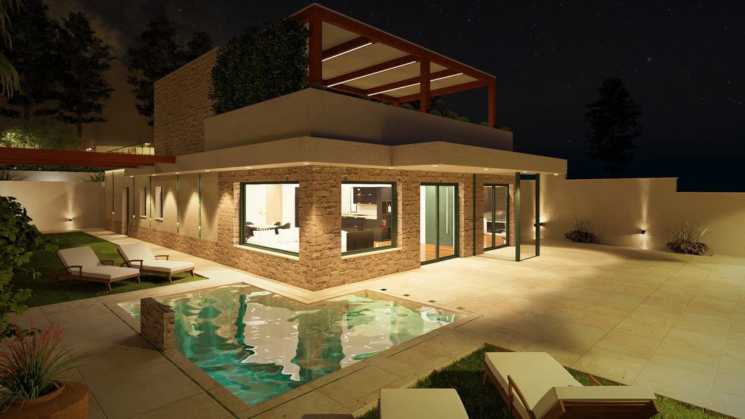 Villa HA at night: glowing interiors behind stone walls, corten pergola and pool