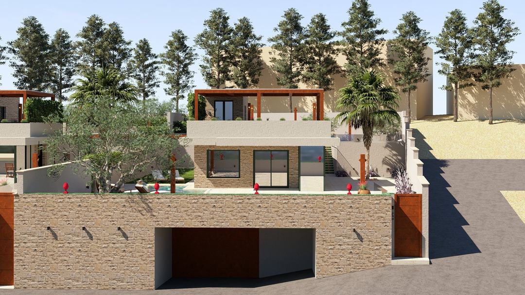 The Tre Noci enclave seen from the slope with Villa HA's entrance front and garage