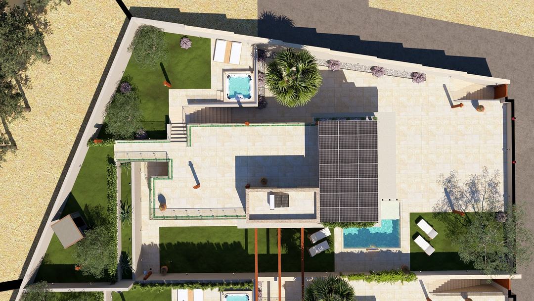 Villa HA seen from above: garden, pool and roof terrace–solarium with jacuzzi and sauna