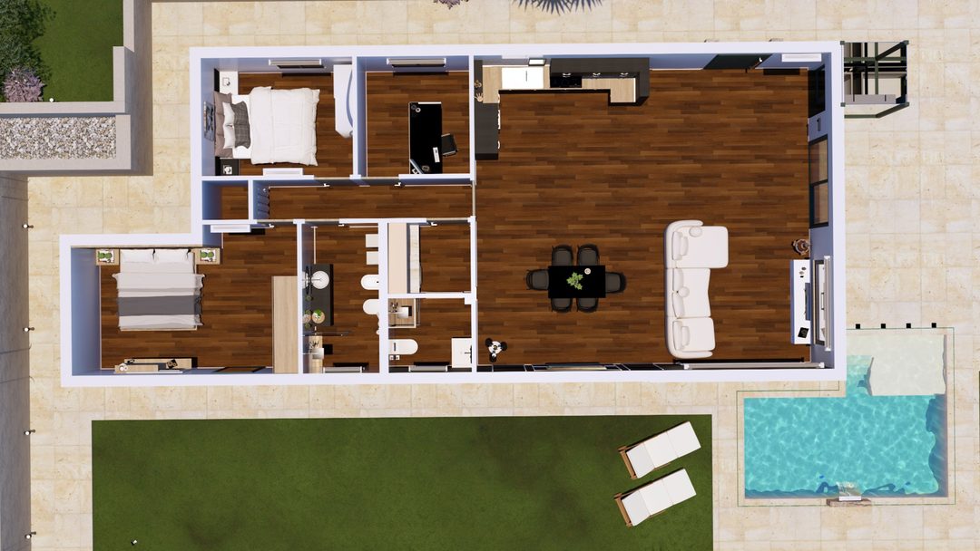 Furnished ground-floor plan of Villa HA seen from above, with pool alongside the living room