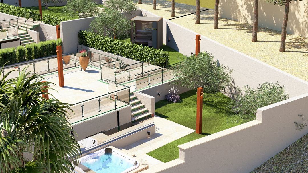Terraced garden of Villa HA descending gently with stone walls and planting