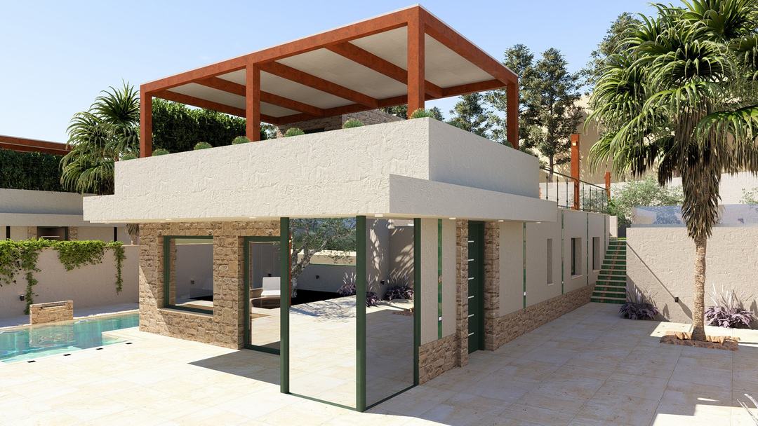 Corten steel pergola over a white villa volume with stone base