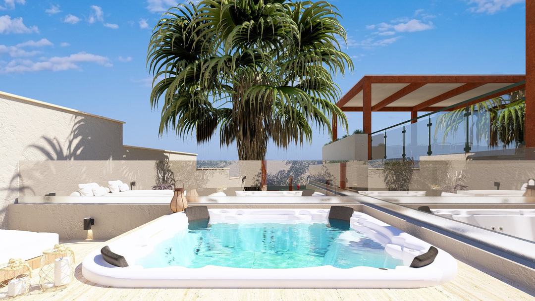 Jacuzzi corner with palm tree on Villa HA's terrace