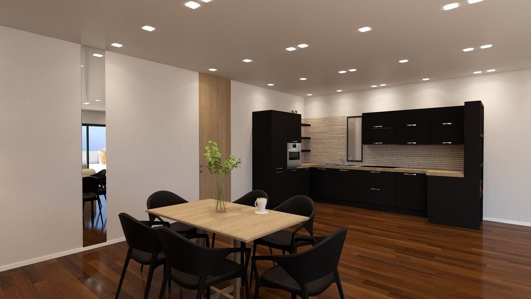 Villa HA kitchen with dining corner in dark finishes