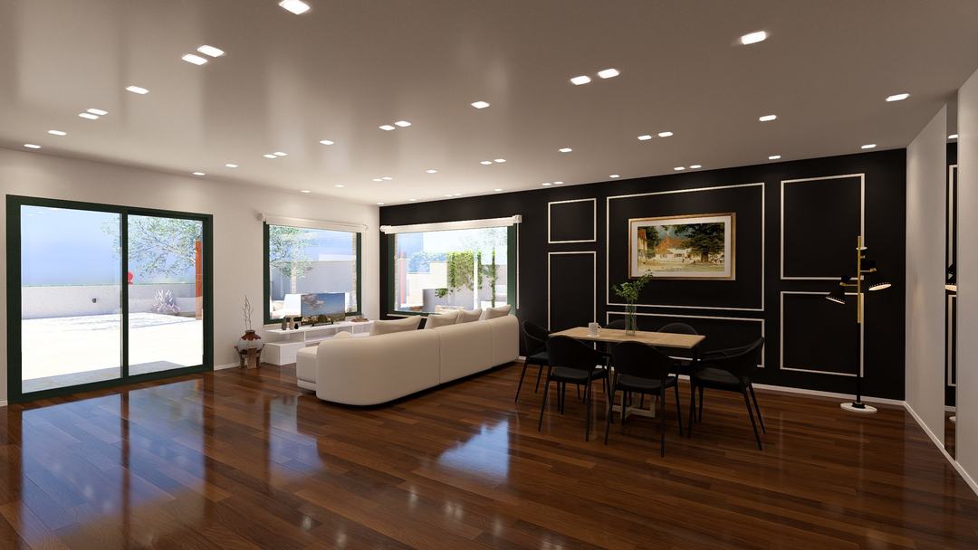 Villa HA living room with dark panelling backdrop and natural light from two glazed fronts