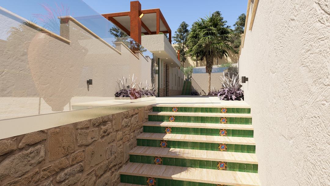 Stone steps with hand-painted Sicilian majolica risers at Villa HA