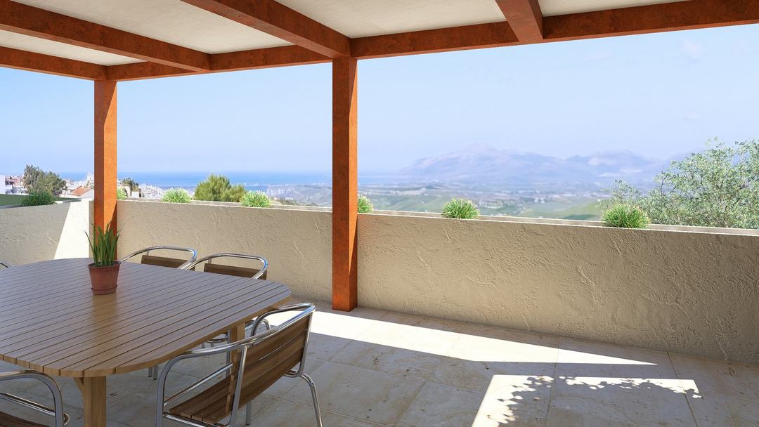 Outdoor dining table beneath the corten pergola on Villa HA's roof terrace