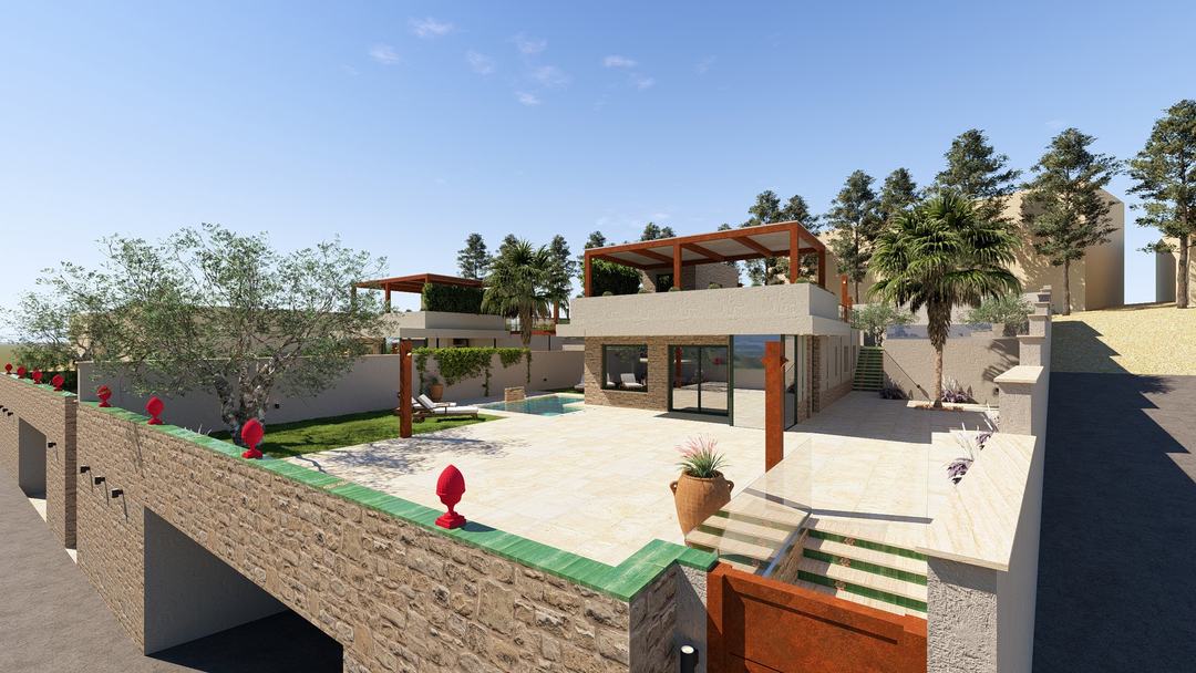 Villa HA solarium with corten pergolas seen from above the garden