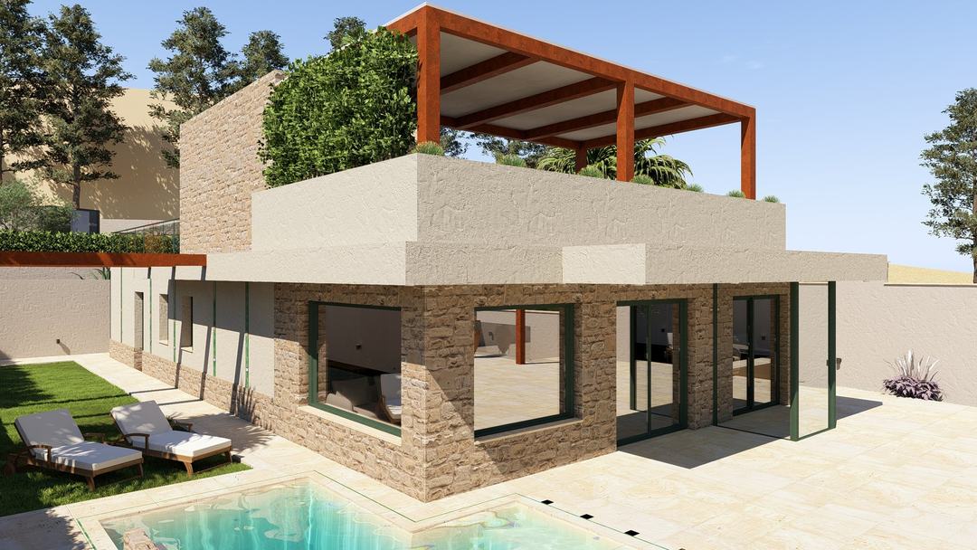 Composition of Villa HA volumes with pergola-topped roof terrace, seen from the garden