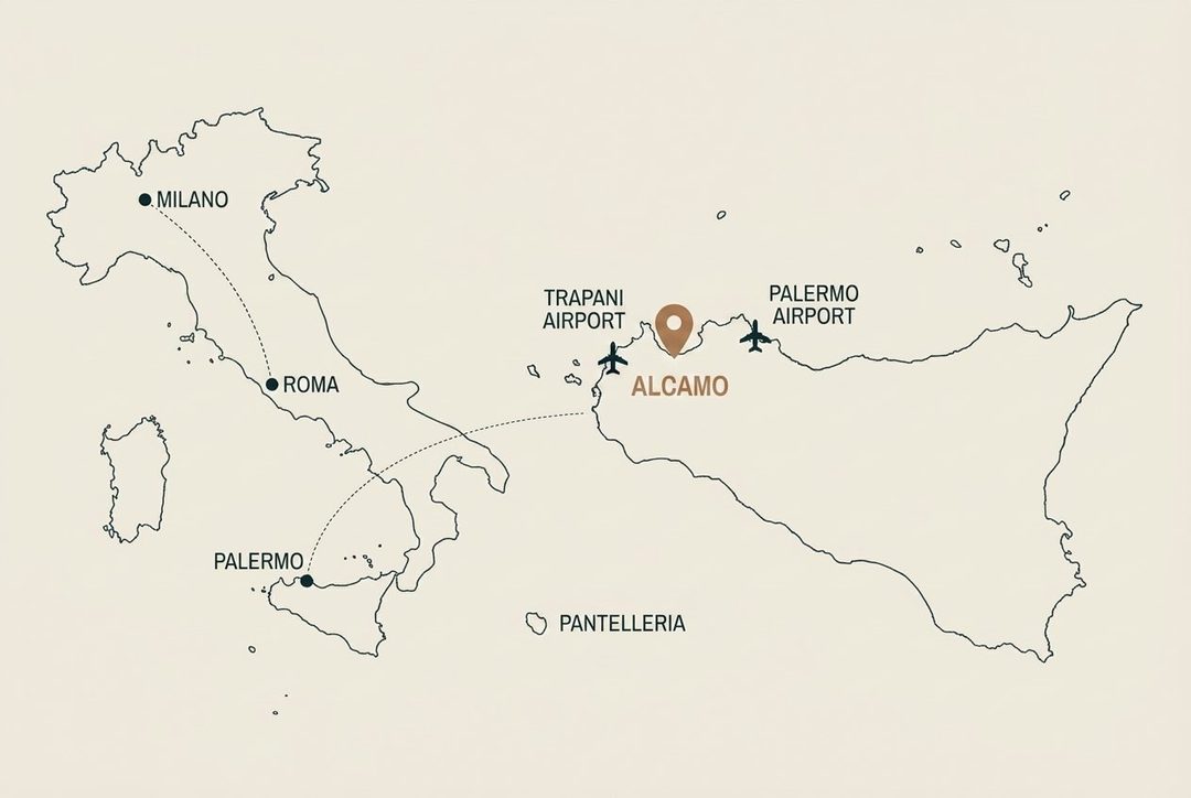 Map of western Sicily showing Alcamo midway between Palermo and Trapani international airports