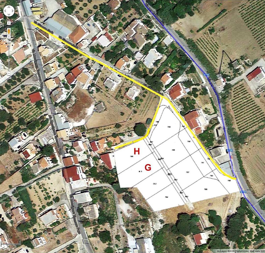 Aerial view of the Tre Noci site in Alcamo with the enclave boundary and the HA and GB plots marked