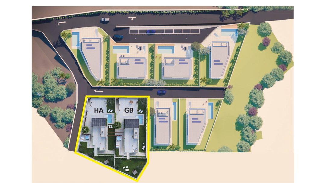 Masterplan of the Tre Noci enclave in Alcamo: eight independent villas, with the plots of Villa HA and Villa GB highlighted