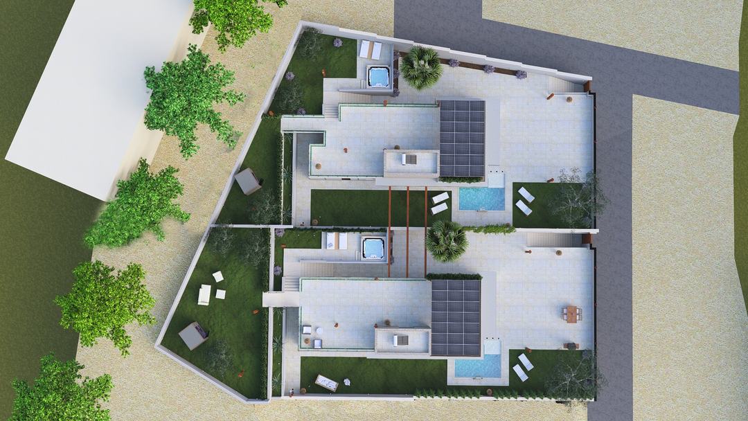 Rendering from above of the two adjoining villas HA and GB with gardens, pools and photovoltaic pergolas